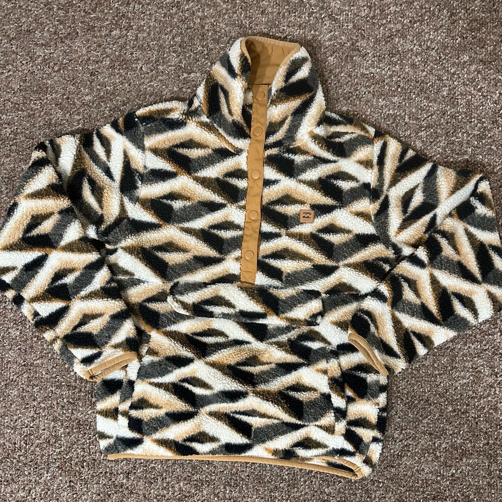 Billabong ADiv Sherpa Fleece Pullover Womens Medium Brown Red Aztec Snap Pocket